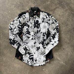Vintage 7 Diamonds Floral Western Shirt Mens S White Black Embroidered Roses